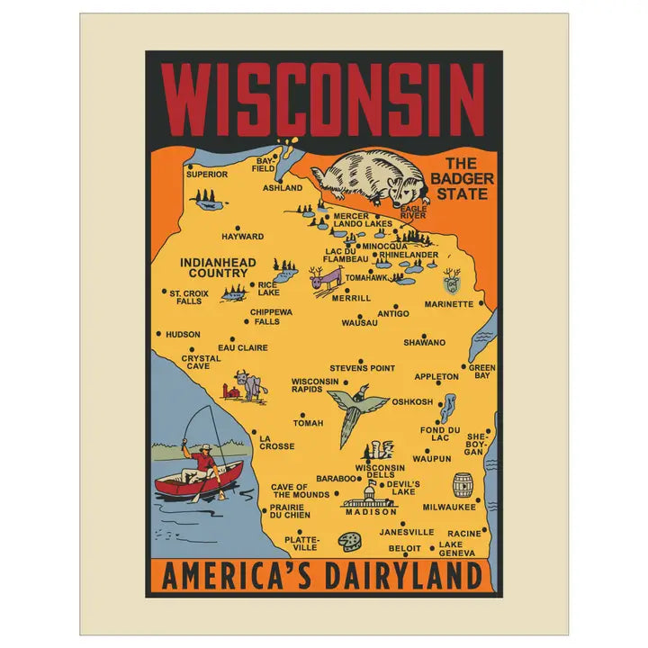 5" X 7 Wisconsin Badger State America's Dairyland Map Card