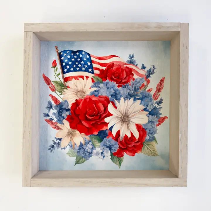 American Flag & Flowers Canvas Art - Framed