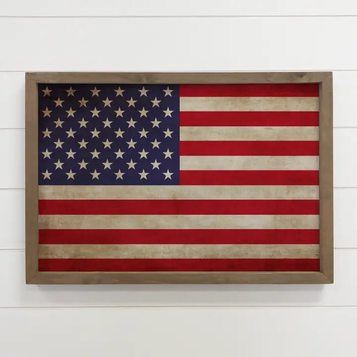 American Flag Vintage - Patriotic Canvas Art - Wood Framed